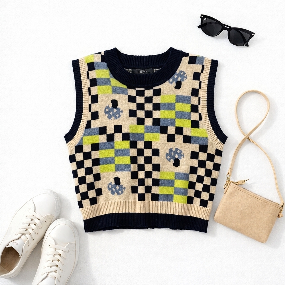 Forever 21 Cropped Sleeveless Black Green Mushroom Checked Sweater. Ladies Large